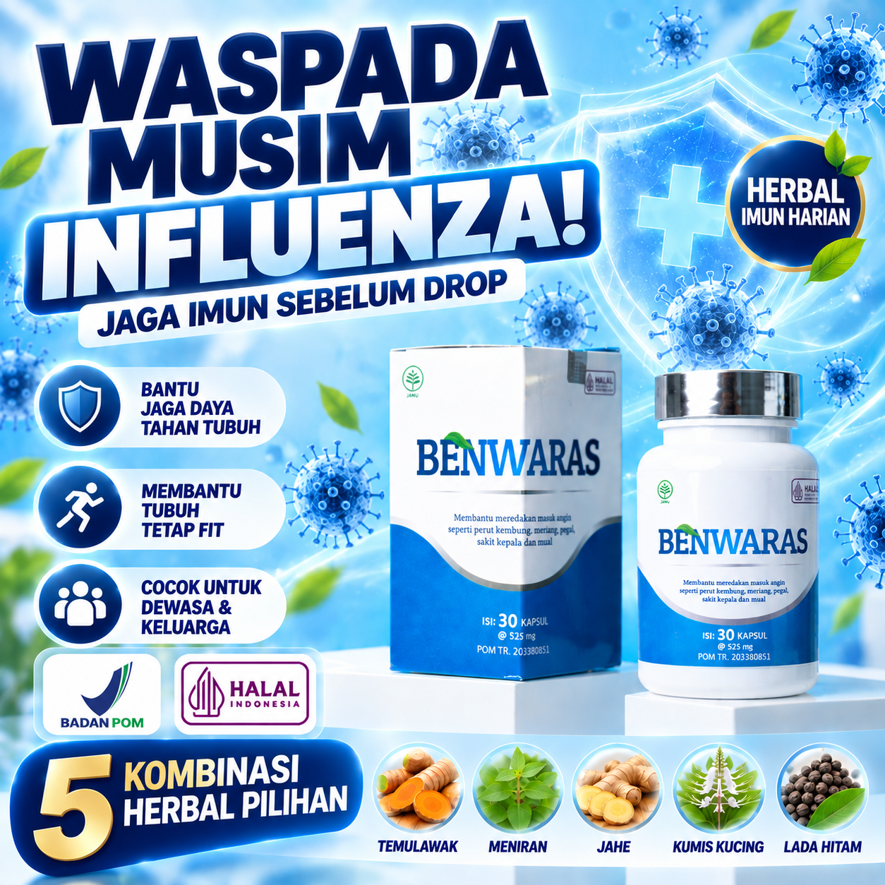 BENWARAS Obat Herbal Daya Tahan Tubuh Imun Harian Musim Influenza, Masuk Angin, Perut Kembung, Mual 30 Kapsul BPOM HALAL